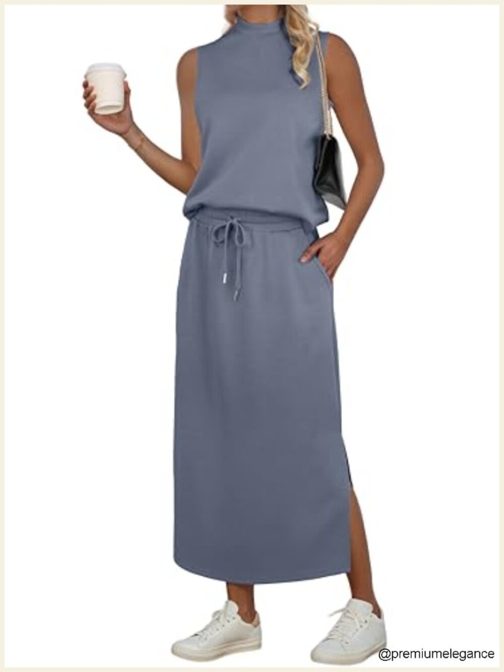 2 Piece Skirt Set Women Sleeveless Mock Neck Crop Top Split Maxi Skirt Pockets